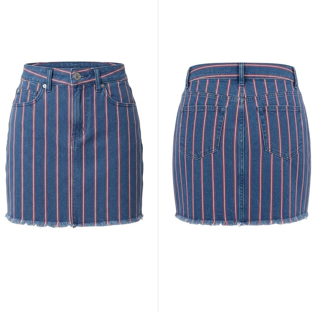American Eagle Hi-Rise Mini Blue Pink Striped Denim Skirt Women Size 2